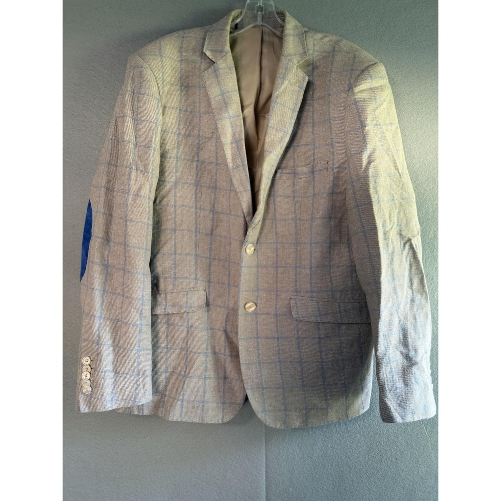 Elie Balleh Blazer Sport Coat Mens XL Beige Cotton Linen Windowpane Plaid Jacket